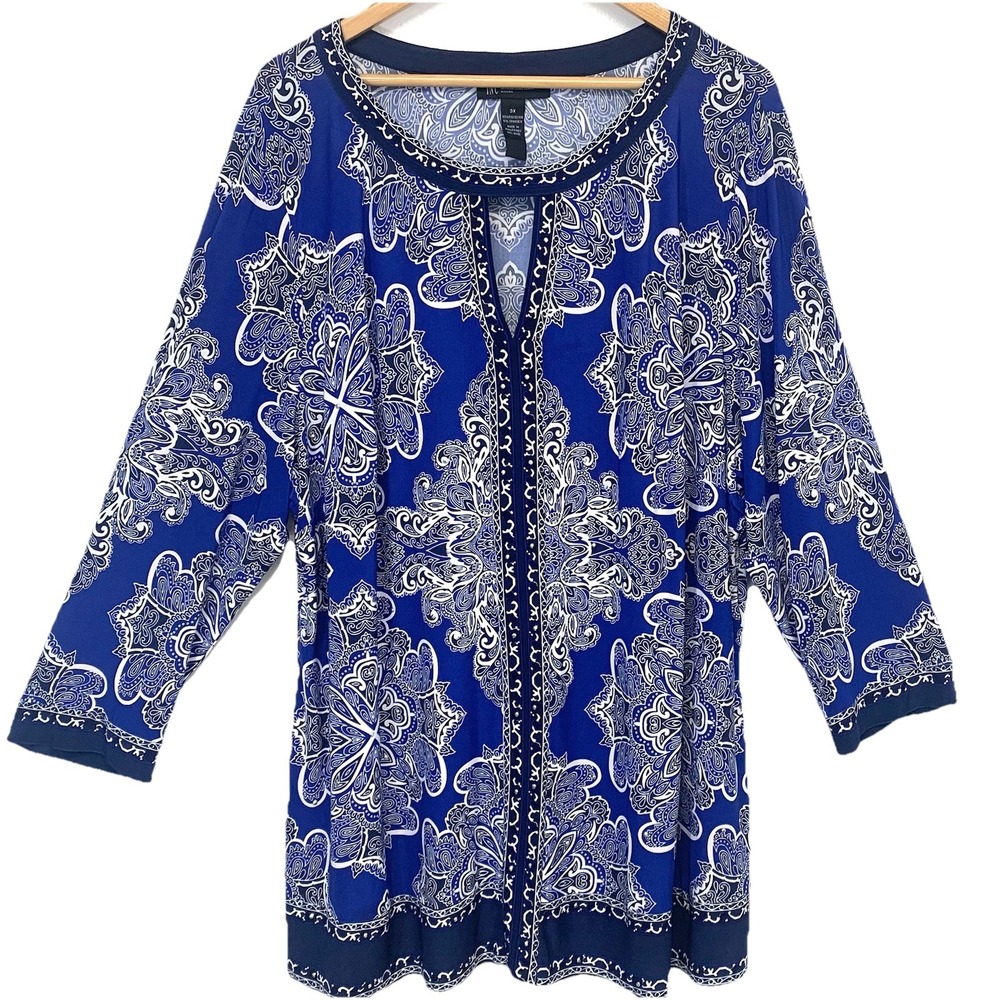 Inc Woman Stretch Knit Top 3X Bue Abstract Beaded Pull Over Key Hole Casual Work